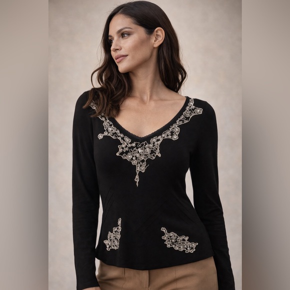 Betsey Johnson Tops - Betsy Johnson Black Embellished Lace Trim Top | Size 10 | Like New